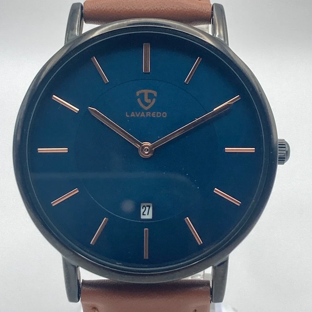 Lavaredo Men's Watch 40mm Black Blue Dial Date Brown Leather 30M New Battery 9